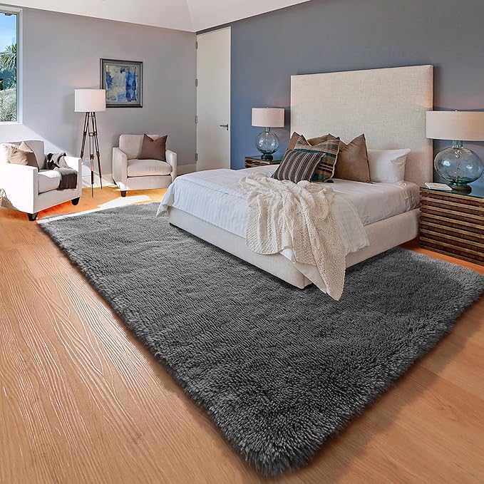 ONASAR Grey Area Rugs for Living Room Bedroom, 5x8 Gray Fluffy Shag Rug, Washable Ultra Soft Plush Shaggy Large Indoor Floor Carpet for Nursery Kids Girls Boys Teen Home Office Decor Aesthetic