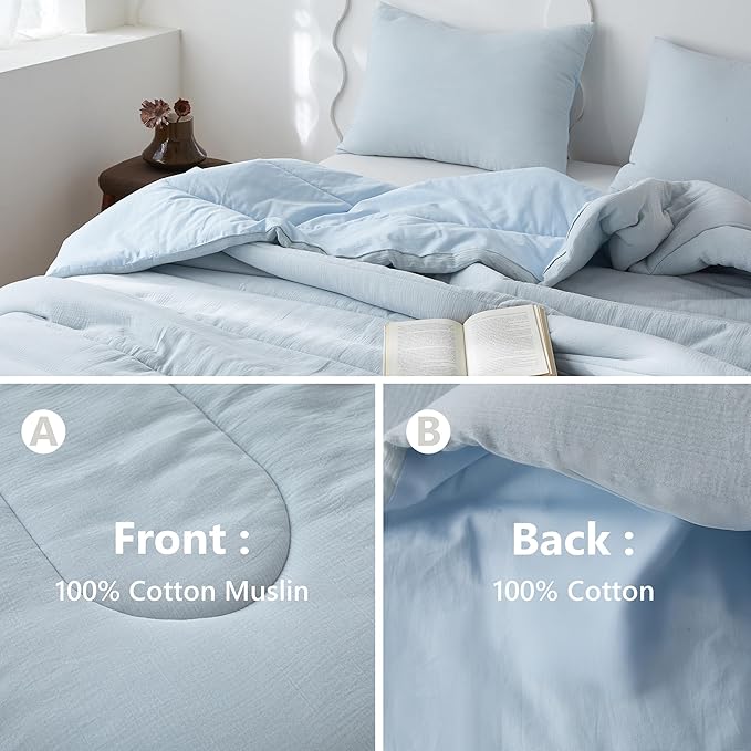 Simple&Opulence 100% Cotton Muslin Comforter Set King Size, 3PCS Washed Cotton Gauze Comforter, Soft Lightweight All Seasons Bedding Sets with 2 Pillow Shams(Light Blue,King)