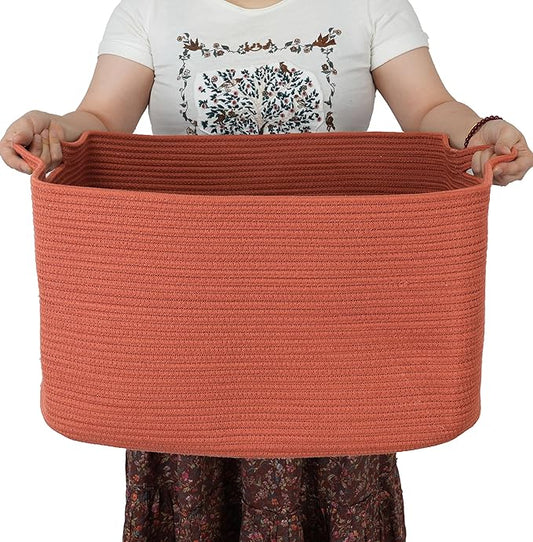 Large Rectangle Blankets Basket Living Room 22"x17"x12" Woven Cotton Rope Storage Baskets for Nursery Toy Baskets for Kids and Dogs Wicker Laundry Basket Bin for Clothes Towels rustic