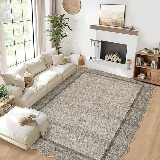 GarveeHome Scalloped Washable Rugs 10x13 Rug for Living Room Modern Bedroom Rug Brown Large Area Rug Non Slip Throw Rugs Soft Low Pile Stain Resistant Carpet for Dorm Dining Room 10'x13' Brown
