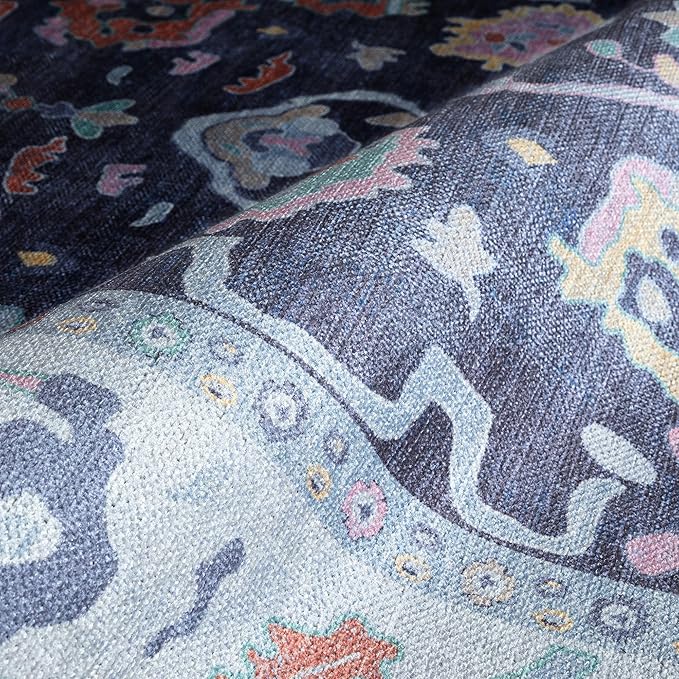 Fame Rugs Navy Blue Modern Oushak Rug 2'6"x7', Washable Vintage Turkish Colorful Oriental Antique Inspired Foldable Small Runner Rugs, Luxury Living Room Bedroom (388NB, 2'6" x 7')