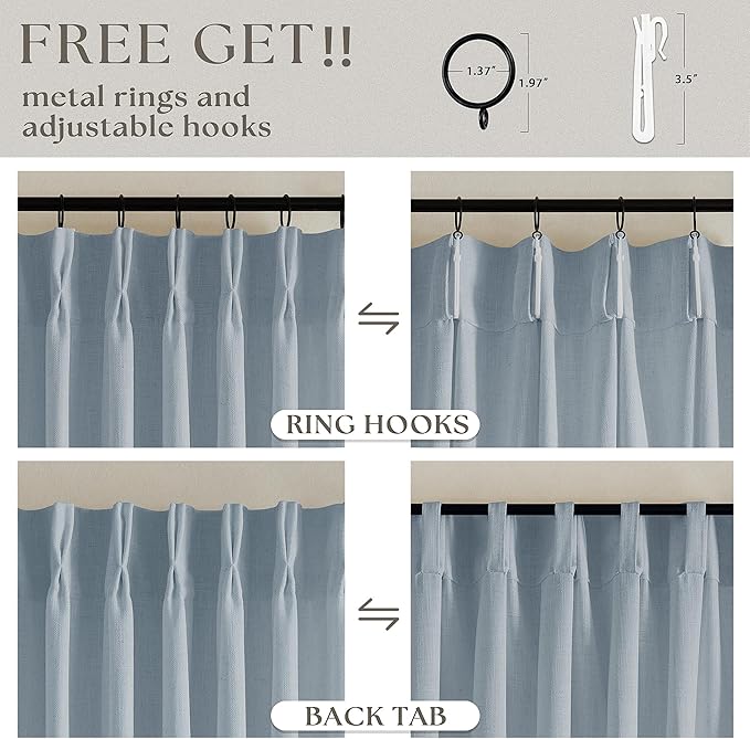Dusty Blue 80 Inch Pinch Pleated Linen Curtains 2 Panels Set for Living Room Bedroom Boho Farmhouse Light Filtering Semi Sheer Back Tab Pinch Pleat with Hooks Rings Window Curtain 80 Inches Long