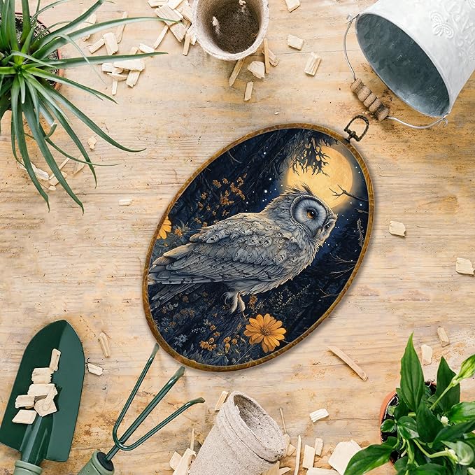 Hiuwevt Moonlight Floral Owl Oval Wall Art Decor, Dark Academia Cottagecore Framed Canvas Prints, Whimsical Gothic Owl Oval Wall Hanging Decor for Home Bedroom Decorations, 8.6x11.4 Inches