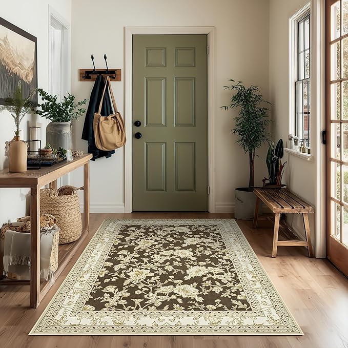 Brown Floral Print Area Rugs for Bedroom Living Room Boho Farmhouse Country Rustic Dining Room Carpet Soft Washable Rugs Non Slip Floor Covering for Nursery Playroom 3x5