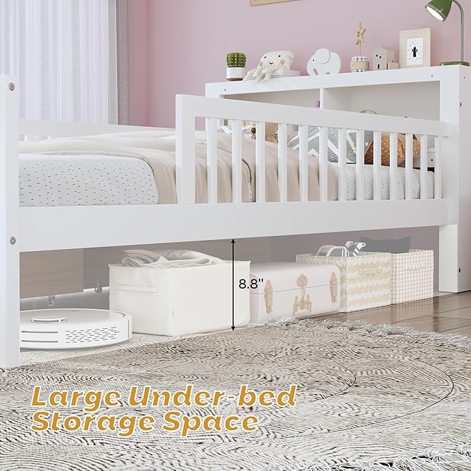 Wood Twin Size Platform Bed with Safety Fence for Kids Boys Girls, Platform Bed Frame with Practical Headboard and 2 Under-Bed Drawers, Sturdy Slats Support (White-3.15)