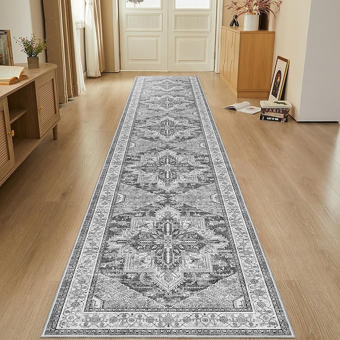 WITSHOCK 3x16 Extra Long Runner Rug for Hallway: Washable Boho Low Pile Stain Resistant Foldable Floor Carpet for Bedroom Entryway Bathroom Kitchen, Neutral Distressed Farmhouse Rug, Grey, 36″x192″