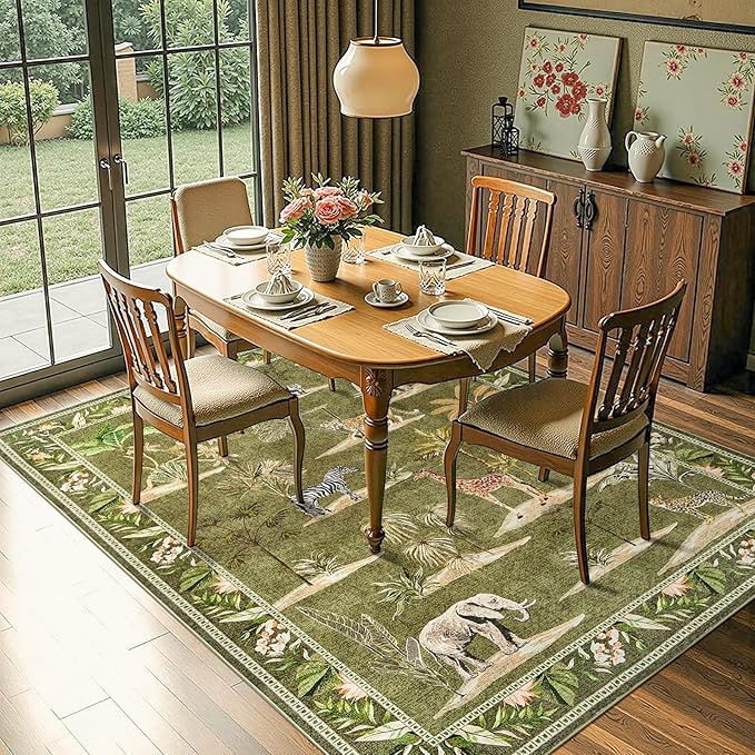 jinchan Jungle 8x10 Green Animals Print Living Room Rug, Machine Washable Soft Ultra-Thin Non-Slip Area Rug, Throw Christmas Carpet for Bedroom Kids Playroom Dining Room Courtyard (8'x10', Green)