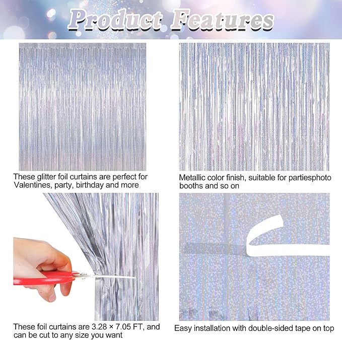 8 Pack New Year Party Decorations 2026 Fringe Backdrop, 3.28 FT x 7.05 FT Glitter Silver Fringe Tinsel, Metallic Foil Curtains Disco Photo Backdrop Foil Streamer Decor Engagement Party Supplies