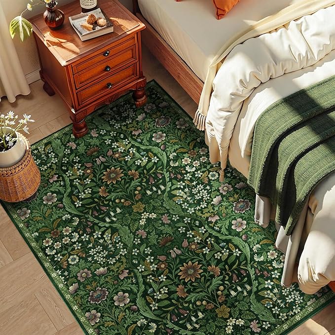 4x6 Dark Green Floral Boho Area Rug,Low-Pile Stain Resistant Non-Slip Machine Washable Carpet for Living Room,Bedroom, Kitchen,Entryway,Dining Room, Nursery