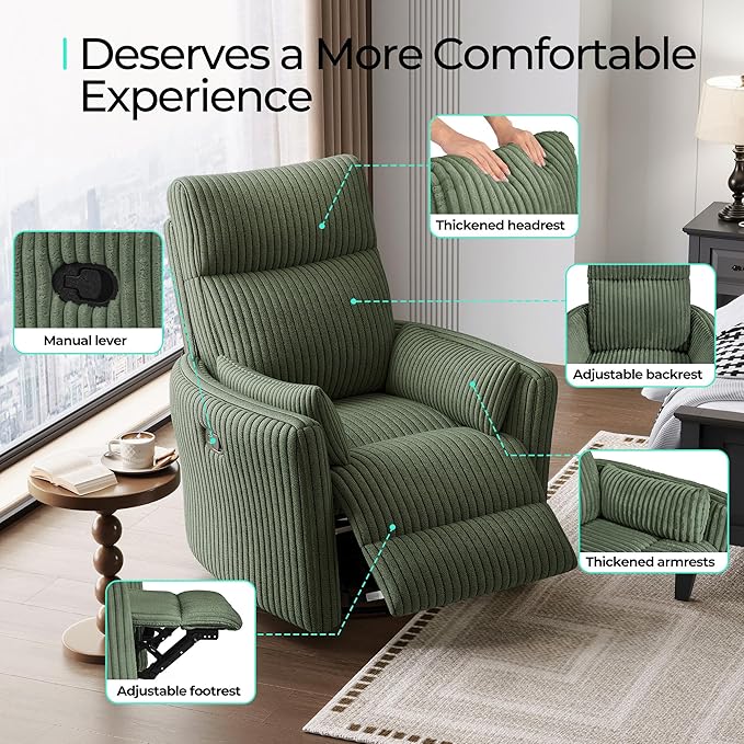 LINSY HOME 360 Swivel Nursery Rocking Chair with 2 Pillows, Corduroy High Back Adult Recliner for Small Spaces, Nursery Glider Rocker Chair, Bedroom Living Room Reclining Chairs (Green)