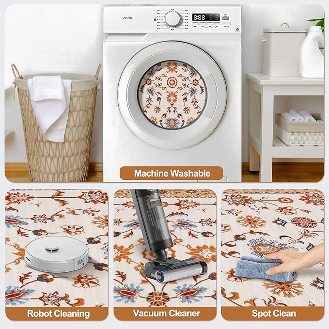 Tangsoo Washable Runner Rug for Hallway Non Slip, 2x6 Boho Floral Vintage Carpet Runner Rugs for Entryway, Floor Low Pile Runners for Kitchen Bathroom Laundry Bedroom Alfombra Orange Farmhouse