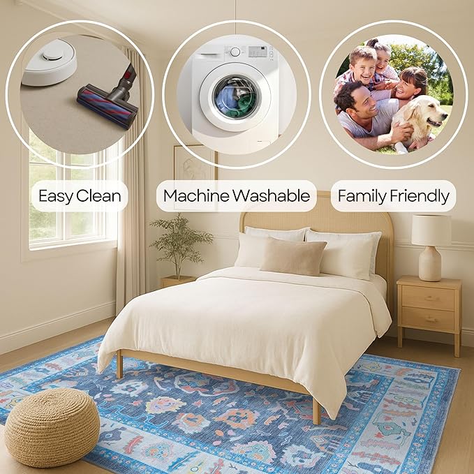 Fame Rugs Blue Modern Oushak Rug 3x5, Washable Vintage Turkish Colorful Oriental Antique Inspired Foldable Small Area Rugs, Luxury Living Room Bedroom (387BNB, 2'6" x 5')