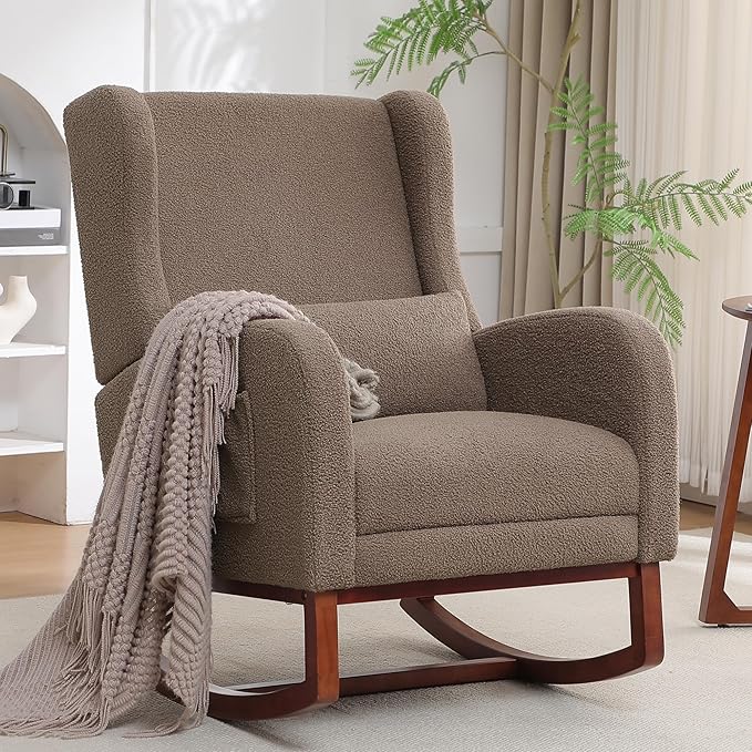 Rocking Chair Nursery with Foot Rest,Teddy Nursery Rocking Chairs, Wingback Nursing Glider Rocker Chair with Pillow and High Back for Nursery, Living Room, Bedroom, Coffee