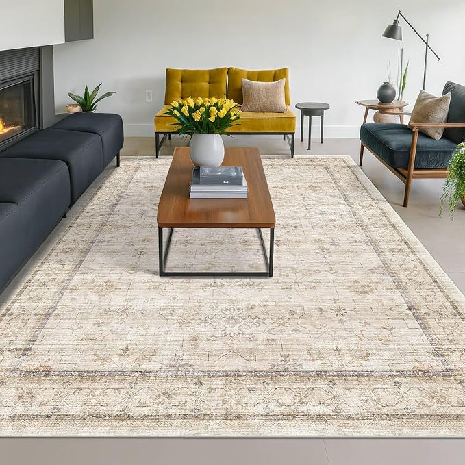 Ivory 5x8 Area Rug for Bedroom, Home Office, Washable Non Slip Dinning Rugs for Under Table, Soft Low Pile Neutral Farmhouse Boho Living Room Décor
