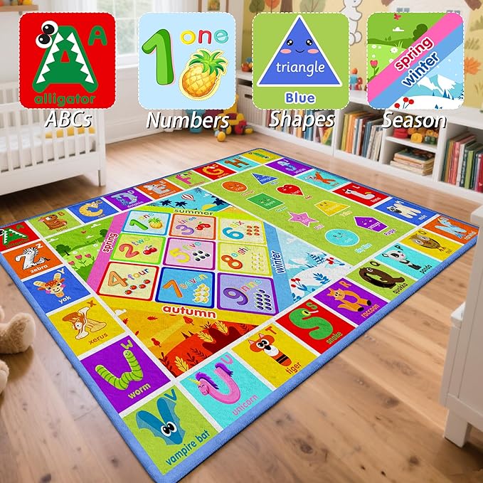 Kids Rug for Classroom & Playroom - ABC Alphabet Educational Area Rug with Animals Numbers & Shapes - Non-Slip Carpet Playmat for Nursery Preschool Elementary 6x9 Feet