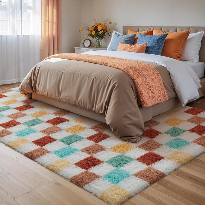 Checkered Rug 5x8 for Living Room, Colorful Modern Shag Rug Super Soft Washable Indoor Fuzzy Carpet Non-Slip Fluffy Rugs for Bedroom Home Aesthetic Decor