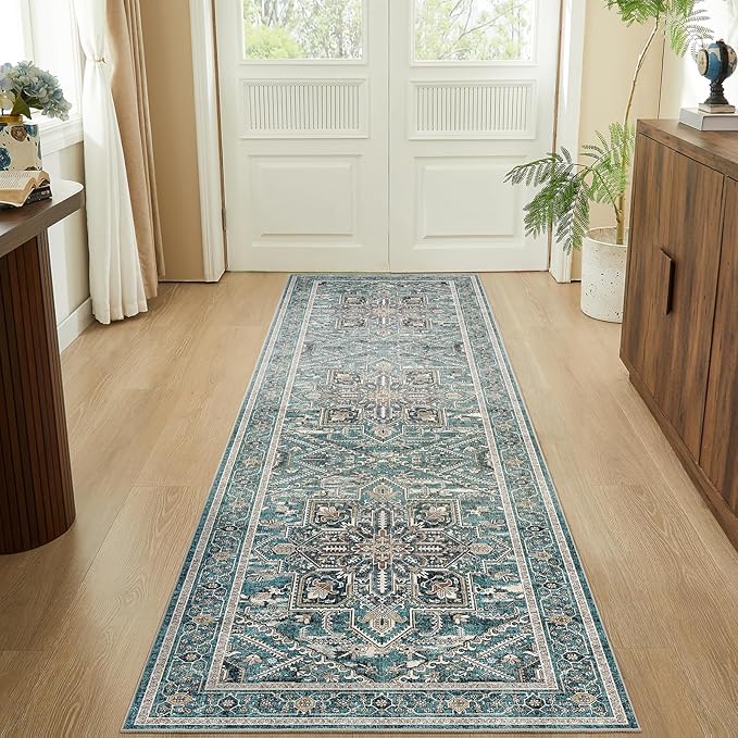 WITSHOCK Teal Wshable Runner 3x12: Long Runner Rug Boho Soft Low Pile Stain Resistant Foldable Carpet for Bedroom Hallway Entryway Kitchen Indoor Entrance, Vintage Distressed Farmhouse Home Decor