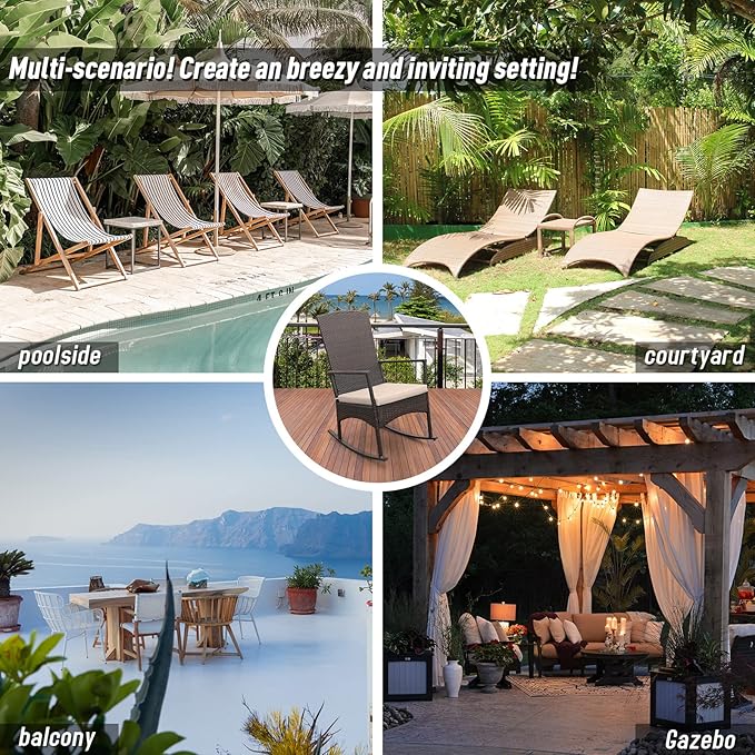 Outdoor PE Wicker Rocking Chair 3-Piece Patio Rattan Bistro Set 2 Rocker Armchair and Glass Coffee Side Table Furniture Washable Lacing Khaki Cushions