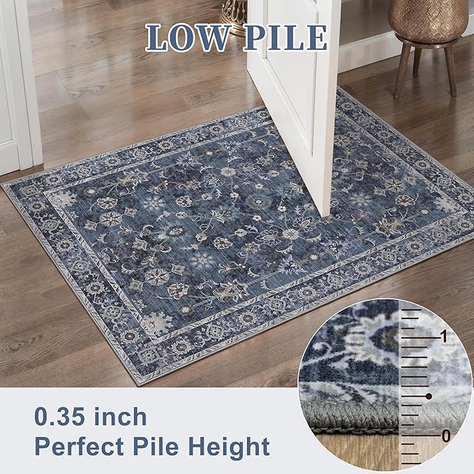 Tangsoo Vintage Round Rug 5ft Washable Circle Rug, Non Slip Boho Round Area Rug, Low Pile Floral Circular Rugs, Machine Washable Round Carpet for Bedroom,Livingroom,Nursery,Dorm,Office,Blue