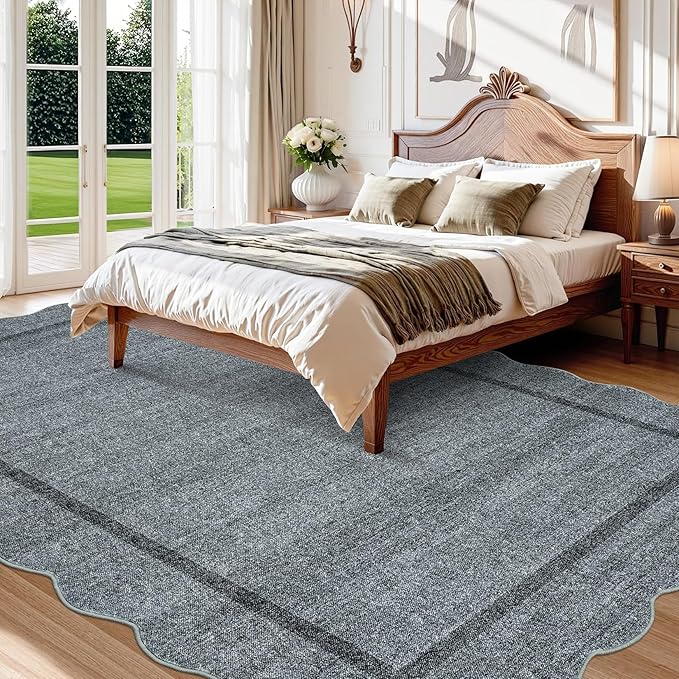 GarveeHome Scalloped Washable Area Rugs 9 x 12 Rug for Living Room Modern Rug Non Slip Throw Rugs Large Bedroom Rugs Low Pile Stain Resistant Carpet for Dining Room Nursery 9'x12' Grey