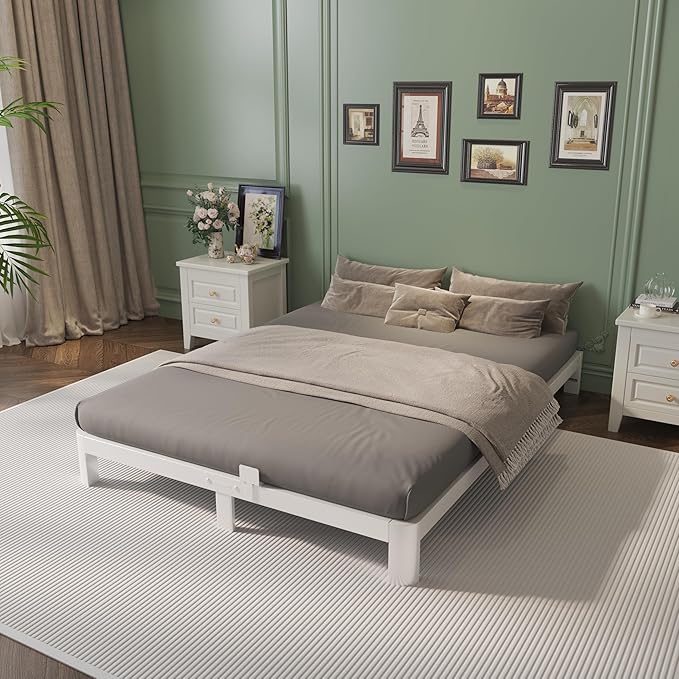 Queen Bed Frame 6 Inch White, Metal Bed Frame Queen Size with Gaskets, No Box Spring Need, Heavy Duty Steel Platform Support, Round Corner Design, Noiseless, Easy Assembly