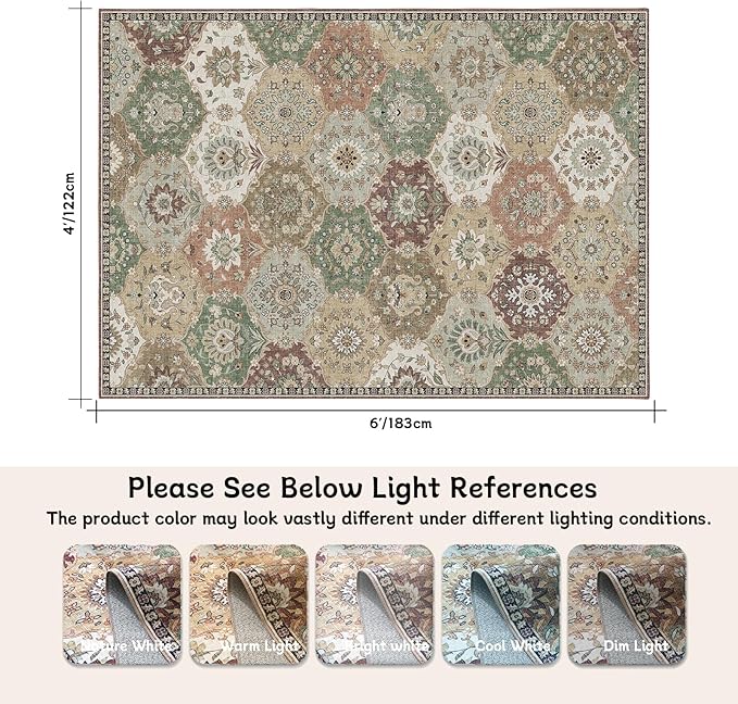 Area Rugs 4x6 Rug for Bedroom, Clearance Washable Area Rug, Non-Slip Lightweight Low Pile Rug for Living Room Dining Room Nursery Room Entryway,Multi/Green