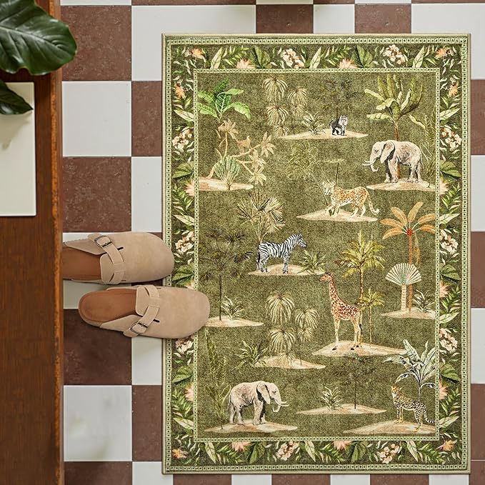 jinchan 2x3 Green Jungle Rug for Entryway Washable Throw Rug Animals Print Kitchen Mat Indoor Doormat Ultra-Thin Low-Pile Non-Slip Soft Botanical Christmas Carpet for Bedroom Entrance (2'x3', Green)