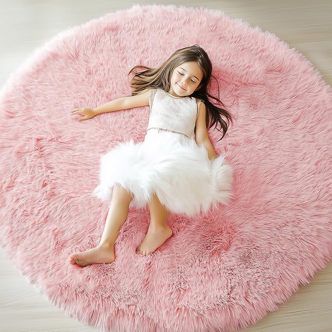 ONASAR Light Pink Round Area Rugs 5ft for Bedroom Living Room, Washable Fluffy Circle Rug for Kids Girls Boys Teen, Soft Plush Shaggy Carpet for Nursery Dorm Classroom Playroom Home Decor Aesthetic
