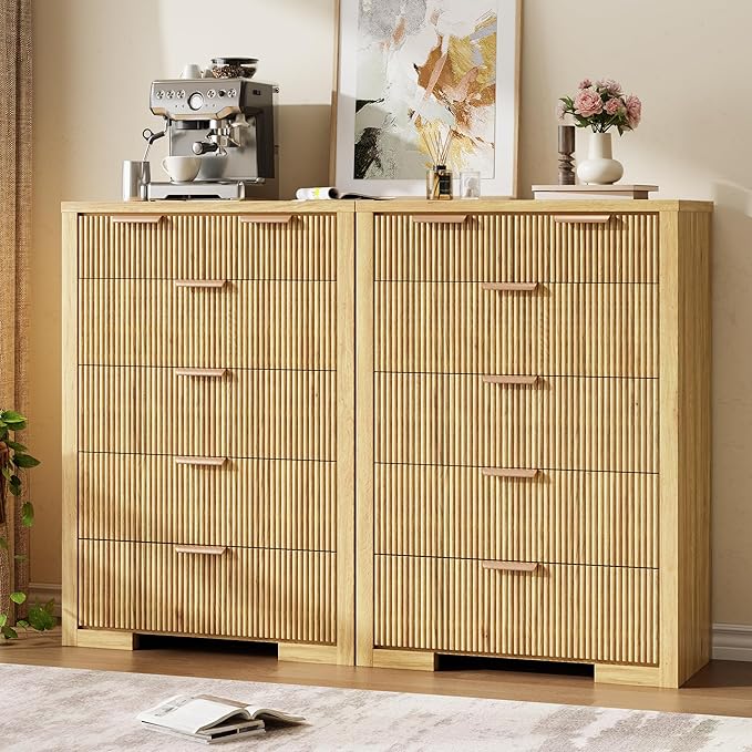Fluted Dresser for Bedroom, 45" Tall Modern Chest of Drawers with 6 Drawers, Wood Closet Clothes Storage Organizer for Living Room, Wooden Dresser for Hallway, Natural Oak