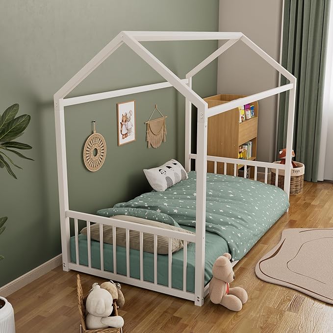 Montessori Style Metal Floor Bed Frame, House Shaped Bed with Vertical Safety Guardrails for Kids and Toddlers, Easy Assemble, No Slats, Twin Size, White