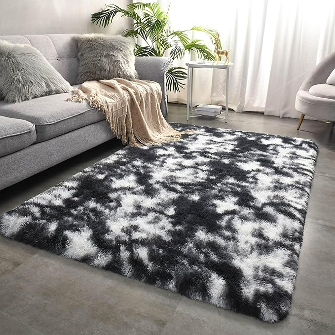 Merelax Soft Area Rugs for Livingroom Bedroom, Shaggy Plush Fuzzy Fluffy Carpet Furry Fur Rug, Modern Indoor Comfy Nursery Kids Dorm Home Decor Floor Mat, 4 x 6 ft, Tie-Dyed Black & White
