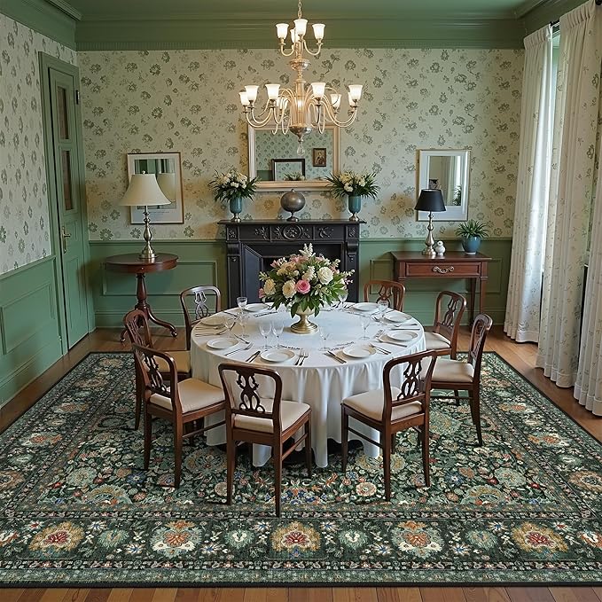 8x10 Vintage Rugs for Living Room, Washable Non Slip Large Area Rug for Bedroom Dining Room Office, Floor Decoration Big Carpet Low-Pile Kid & Pet Friendly Forest Green