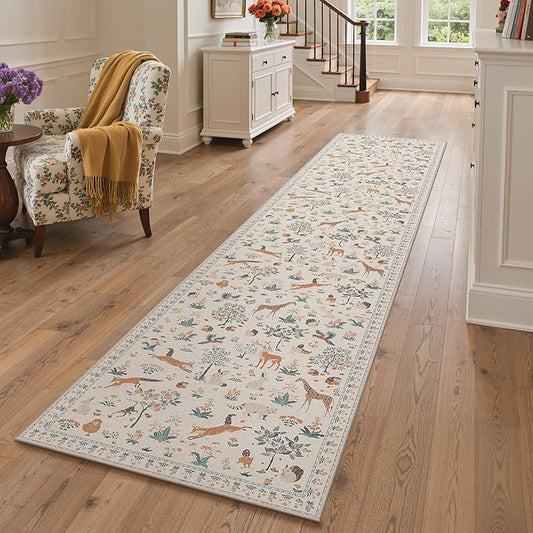 Runner Rug Non Slip 2'6''x 10', Floral Animal Print Rug Machine Washable Rug, Non Slip Low Pile Hallway Runner Carpet for Kitchen, Laundry, Bedroom, Bathroom, Beige