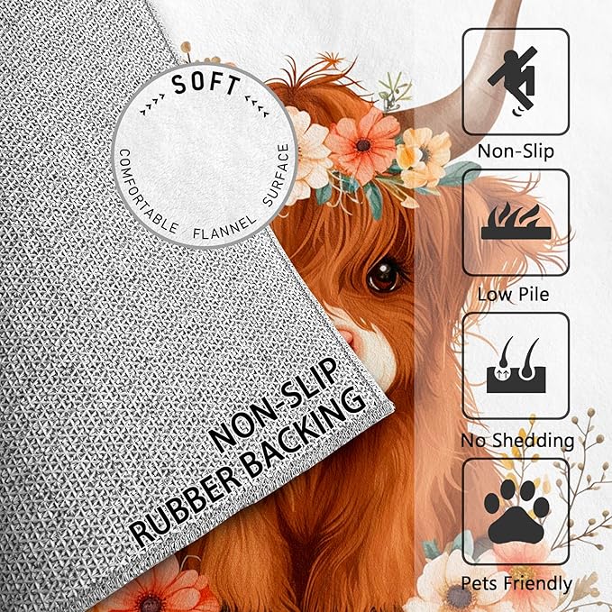 Highland Cow Rug for Nursery - 3x5 Rug - Highland Cow Rug - Cute Cartoon Farm Animal Area Rug - Floral Cattle Farmhouse Animal Rugs - Kids Baby Nursery Carpet - Home Decor