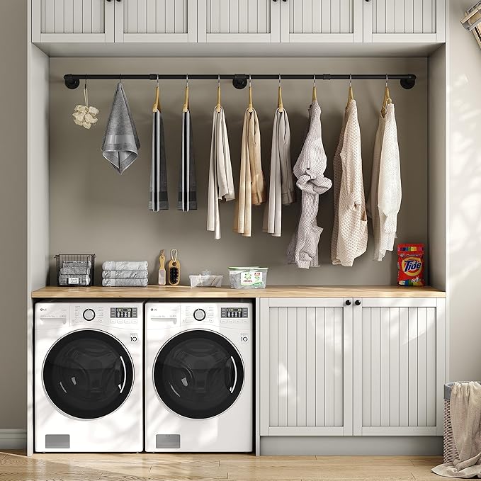 Industrial Pipe Clothes Rack with 3 S-shaped Hooks, 72’'L Wall Mounted Garment Rack, Heavy Duty Iron Garment Bar, Clothes Hanging Rod Bar for Laundry Room, Max Load 135Lb Black (2 Package)