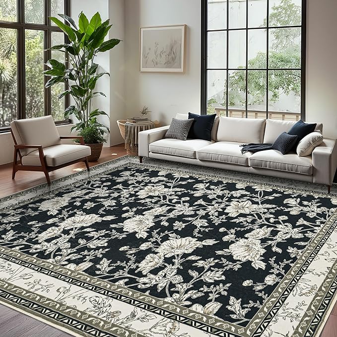 Boho Dining Room Rugs for Under Table 7x9 Washable Black Cream Beige Floral Design Sketch Style Area Rug for Living Room, Low Pile Non-Slip for Bedroom Under Bed Aesthetic Boho Farmhouse Decor