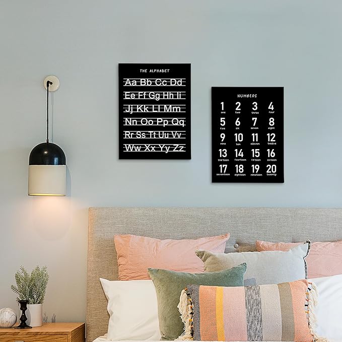 HRQKO Black Alphabet Numbers Nursery Canvas Wall Art Set of 2, Kids Room Decor Framed Art, Black ABC Numbers Educational Posters Wall Decor for Classroom Toddler Nursery Bedroom Playroom, 11x14 inch