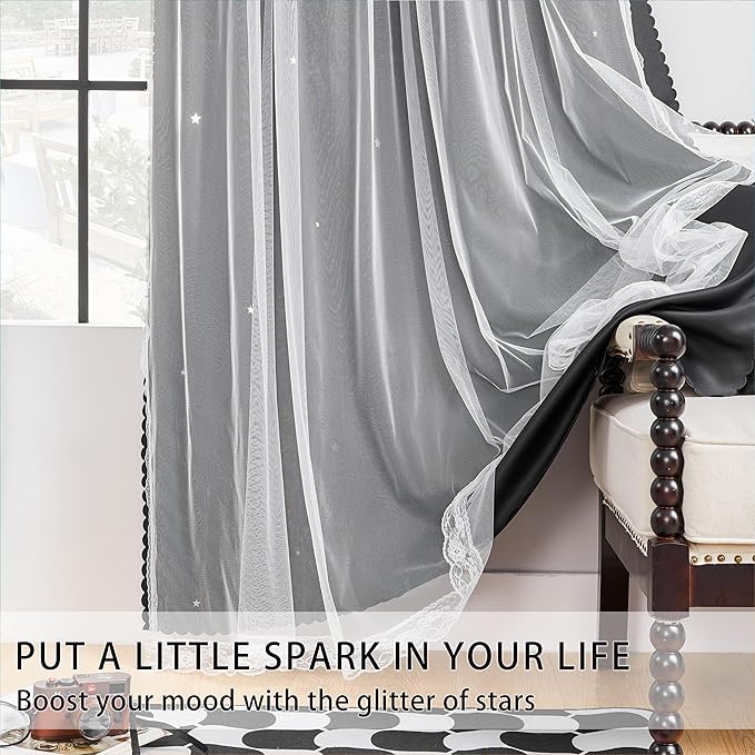 XiDi Black Curtains for Bedroom 84 Inches Long 2 Panels Set Blackout Double Layer Drapes for Nursery Kids Bedroom Star Cut Out Wall Home Decor Grommet Curtains for Living Room Darkening 34 Inch Wide