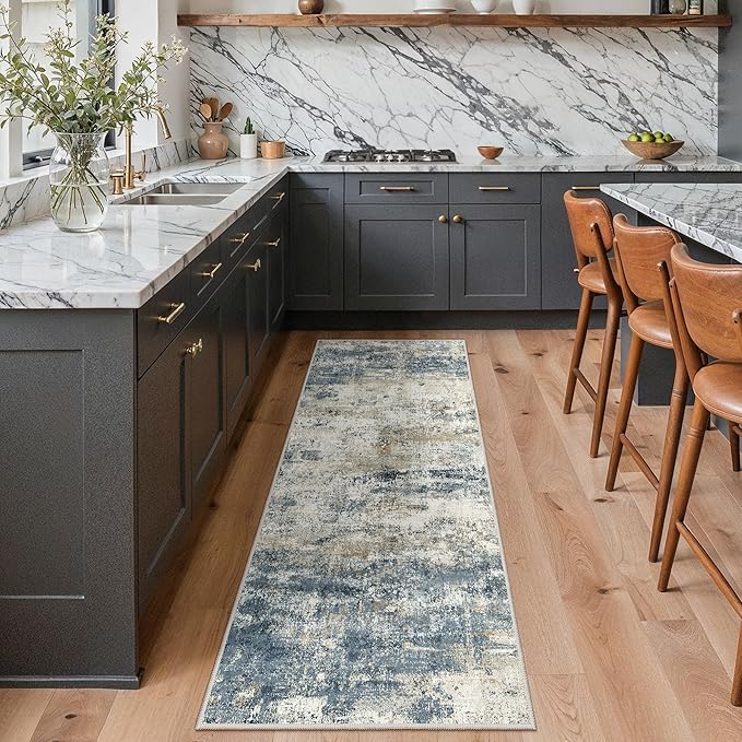 GENIMO Runner Rug Non Slip 2'6"x8', Washable Rug Runner for Hallways Kitchen, Abstract Modern Kitchen Rugs, Low Pile Lightweight Carpet Runners for Entryway, Bedroom, Laundry, Navy Blue
