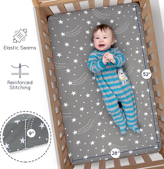 Fitted Unisex Crib Sheets (3 Pack) by GROW WILD - Jersey Knit Cotton Crib Sheets for Boys or Girls, 52” x 28” x 9” Crib Bedding Set (Moon, Stars and Constellation)
