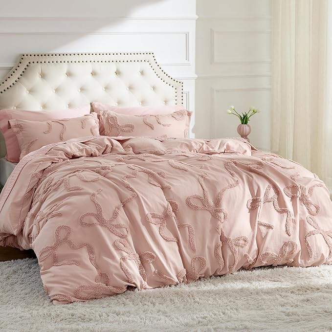 Bedsure Boho Duvet Cover King Size - Rose Pink Tufted Boho Bedding, Farmhouse Shabby Chic Embroidery Bedding for All Seasons, 3 Pieces, 1 Soft Jacquard King Comforter Cover and 2 Pillow Shams
