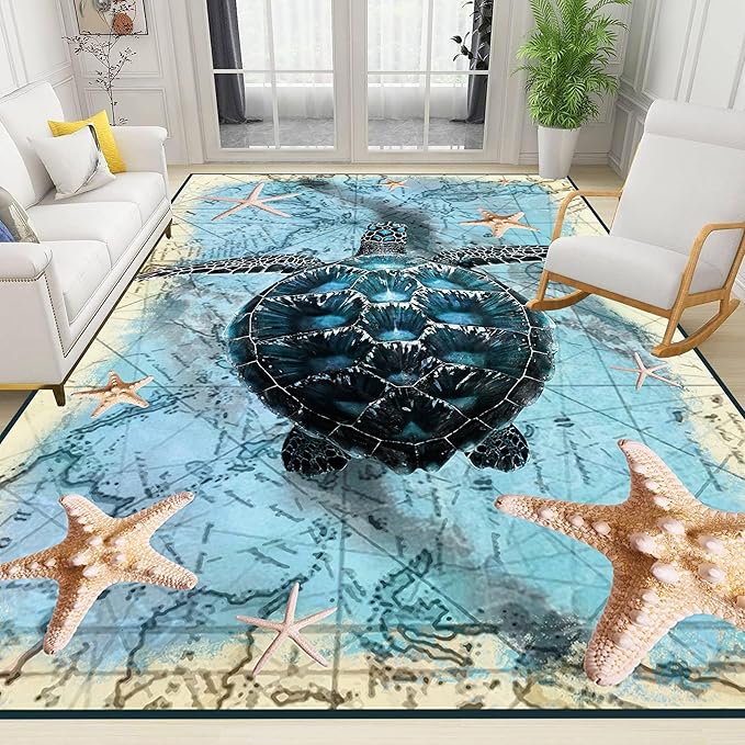 Nautical World Map Area Rug, 5x7ft, Coastal Sea Turtle Starfish Children's Rugs, Blue Ocean Themed Washable Dirty Resistant Mat, Soft Cozy Thin Easy Clean Mat for Floor Living Room