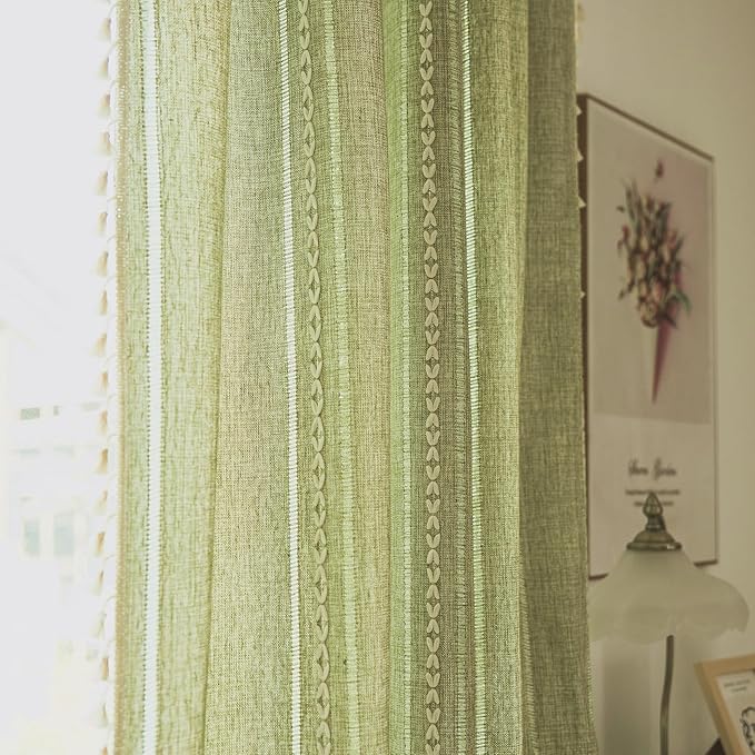 Deeprove Green Boho Curtain 84 Inches Long for Bedroom Dining Room Kitchen Closet, Bohemian Chic Textured Embroidery, Vintage Handmade Tassels Christmas Decor Drape, Rod Pocket, 1 Panel W52 x L84