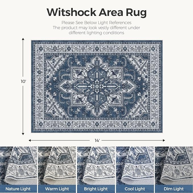 WITSHOCK Living Room Area Rugs 10x14: Washable Rug Boho Soft Non-Slip Low Pile Stain Resistant Foldable Carpet for Bedroom Playroom Dining Room Office Kitchen Farmhouse Home Decor Rug-Blue