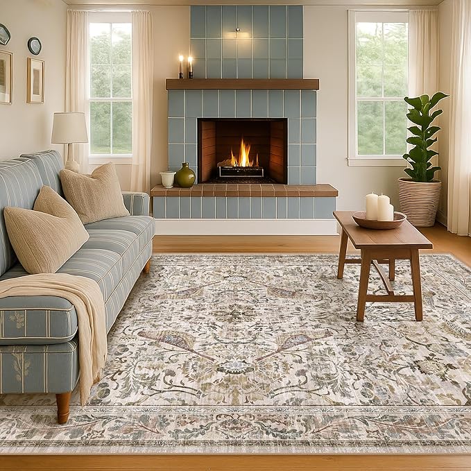 Moss 5x7 Living Room Area Rug, Vintage Washable Rug for Bedroom, Kitchen Table, Home Office, Oriental Brown Botanical Design, Low Pile Soft Carpet with Bird Pattern