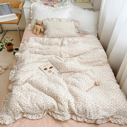 AOJIM Muslin Kids Duvet Cover with Ruffled Design, 1 Piece Pure Cotton Toddler Comforter Cover 2-Layer Gauze 47X59'', Camellia Pattern Kids Bedding for Girls Boys, No Quilt or Pillowcases