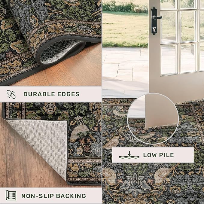 Washable Living Room Rug 7x9 - Dark Floral Nature Rugs for Bedroom, Dining Room Kitchen Table Rug for Under Table, Office, Stain Resistant Non-Slip Large - Brown/Dark Green