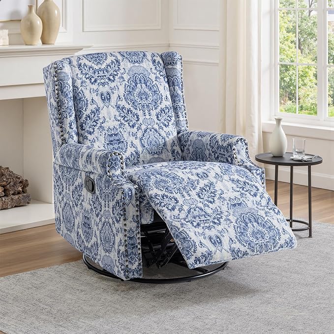 UIXE Swivel Glider Recliner Chair for Adults, High Back Nursery Rocker Floral Upholstered Armchair for Living Room, Manual Reclining Rivet Trim Sofa Lounge with Deep Seat in Fabric - Navy Blue