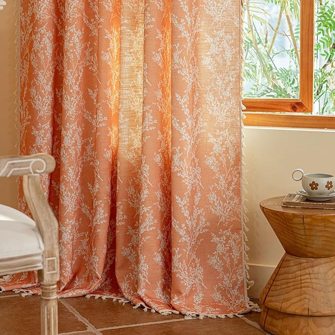 OYX Orange Boho Curtains 63 in Long with Tassel for Living Room,Semi Sheer Printed Floral Curtains, Rod Pocket Farmhouse Vintage Rustic Drapes for Bedroom, Home Decor 2 Panel Sets,Burnt Rustic Drapes