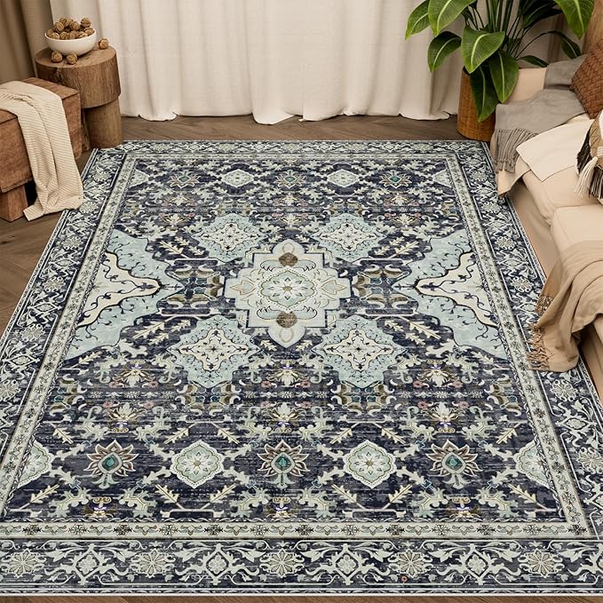 AMTOVO Area Rugs 5'x7' Washable Non-Slip, Vintage Boho Distressed Print Pattern Rugs for Living Room, Soft Low Pile Carpet for Bedroom Indoor Playroom Nursery Farmhouse Girls Room, Grayish Blue